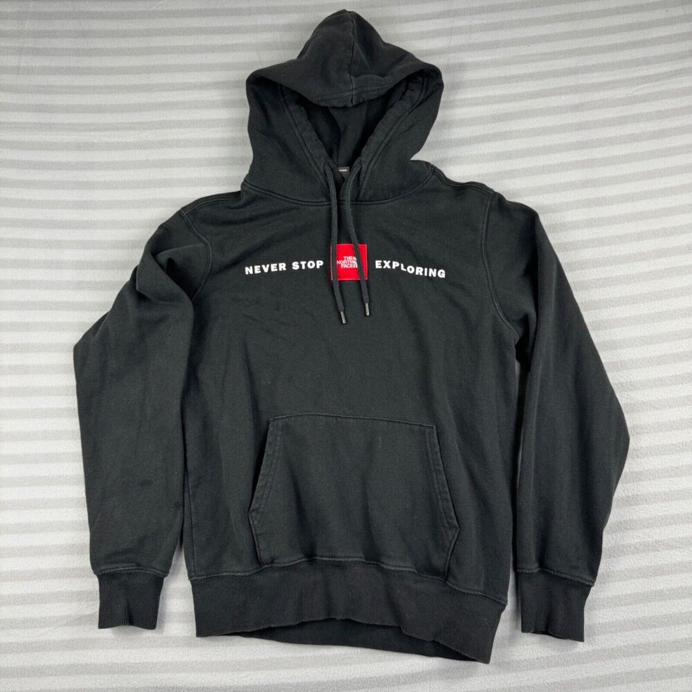 North Face Hoodie Mens Small Black Red Logo Outdoor Mountains Hiking Long Sleeve